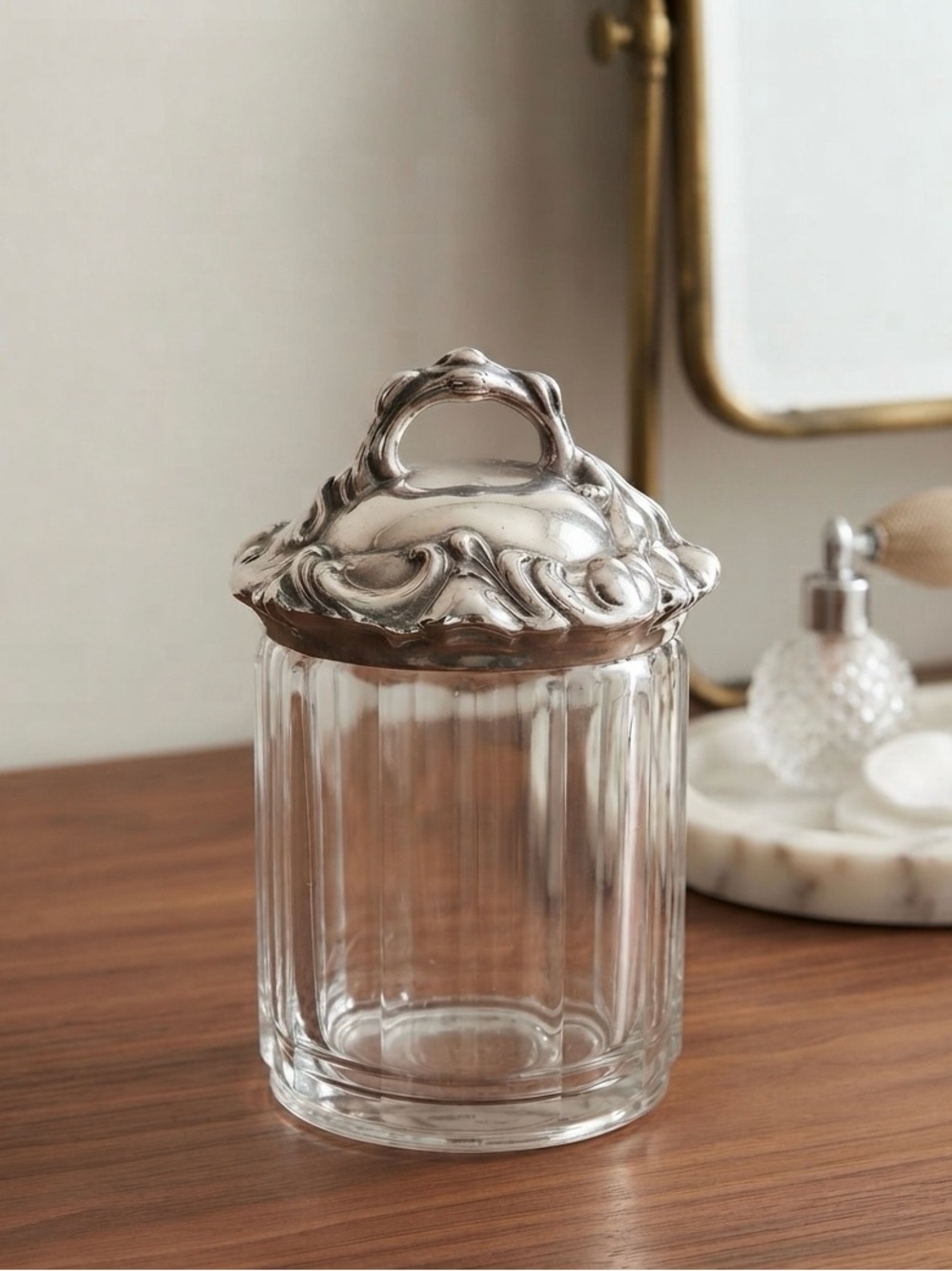 Vintage Ribbed Glass Jar with Ornate Silver Lid